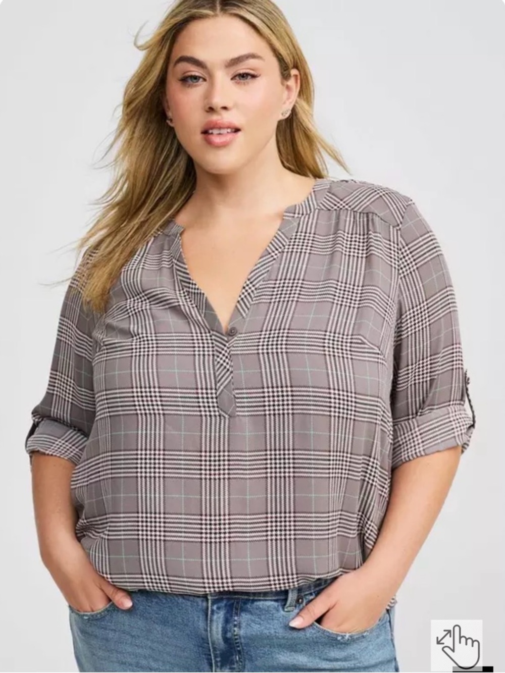 Torrid Harper Georgette 3/4 Sleeve Plaid V-Neck Blouse